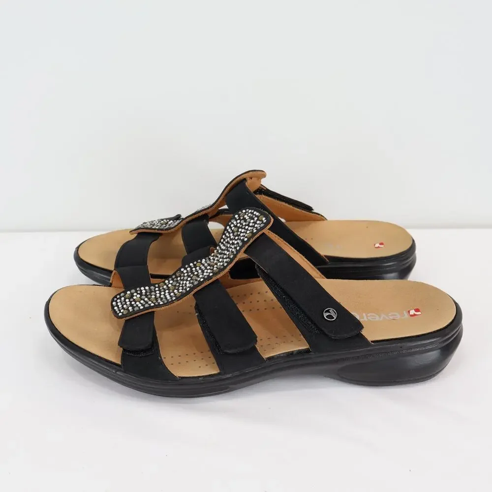 Revere Women's Catalina Onyx Black Leather Slip On Sandal Size 8